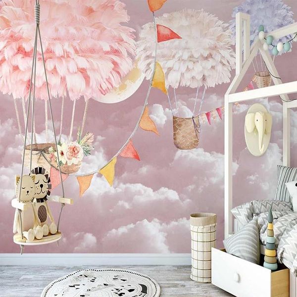 Papier peint auto-adhésif nordique peint à la main ballon à air romantique rose ciel étoilé murale fond de chambre d'enfant autocollant 3D