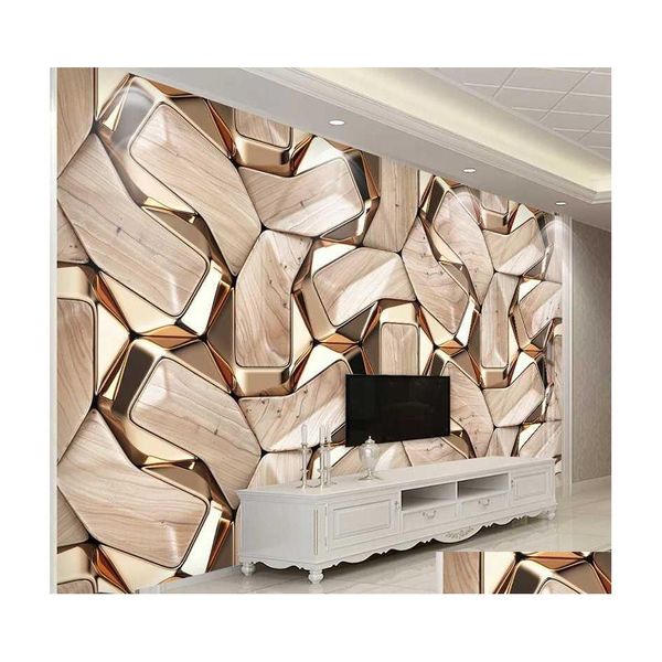 Fondos de pantalla Papel tapiz mural autoadhesivo Moderno 3D Geometría abstracta Patrón de metal dorado P O Papel de pared Sala de estar Ktv Impermeable Can Dh2B0