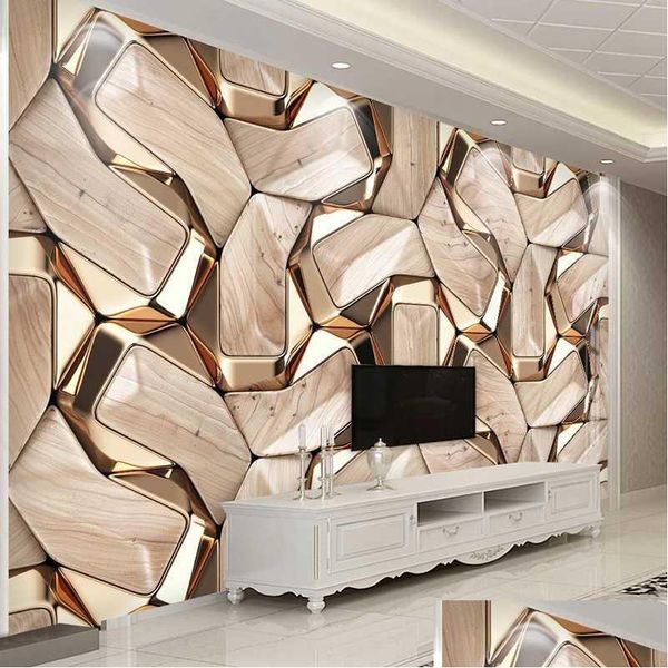 Fonds d'écran Papier peint mural auto-adhésif moderne 3D Géométrie abstraite Motif en métal doré Po Papier peint Salon KTV imperméable Canv Dhcbm