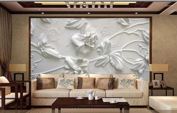 Fonds d'écran simples European Elegant White Flowers 3D Fond d'écran pour le salon Murs classiques