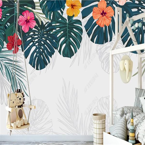 Fondos de pantalla Papel pintado fresco pequeño para la habitación de los niños Hojas de plantas tropicales pintadas a mano Fondo de los niños Papeles de pared Decoración para el hogar Mural