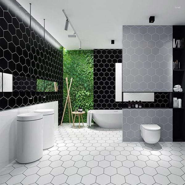 Fondos de pantalla Espesar Moderno Simplemente Negro Hexágono Impermeable Autoadhesivo Azulejo Papel tapiz Moda Baño Cocina Pvc Enrejado Etiqueta de la pared