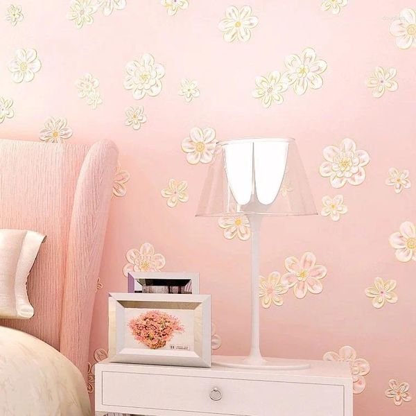 Fondos de pantalla Espesado 3D Papel tapiz pastoral cálido Dormitorio Sala de estar Boda No tejido Flores rosadas para niñas