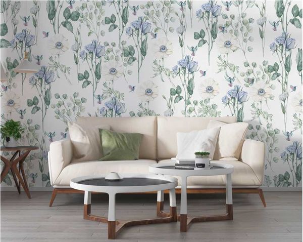 Fonds d'écran Tiny Blue Flowers Wallpaper- Floral Peel And Stick- Home Decor- Décorations murales- Salon Design