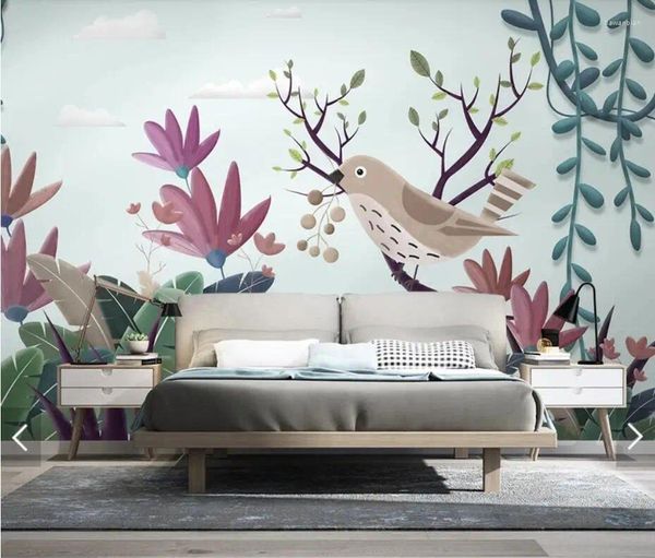 Fondos de pantalla Hoja tropical Pájaro Papel tapiz floral Mural 3D Po para sala de estar Dormitorio Decoración de pared Lienzo Paisaje