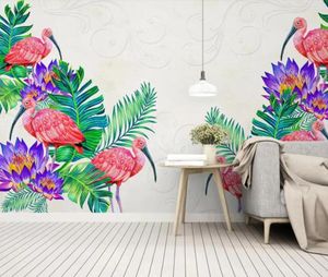 Fonds d'écran Feuilles tropicales Flamingo Papier peint mural Papier européen Floral Bird Fresque pour salon Décor Po 3D