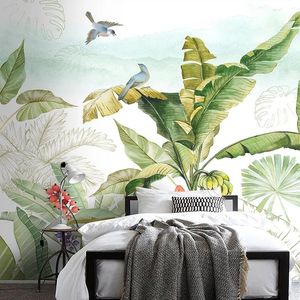 Fonds d'écran Plante Tropicale Feuille De Bananier Fleur Oiseau Mural Salon Chambre Entrée Fond Papier Peint Décoration Peinture Étanche
