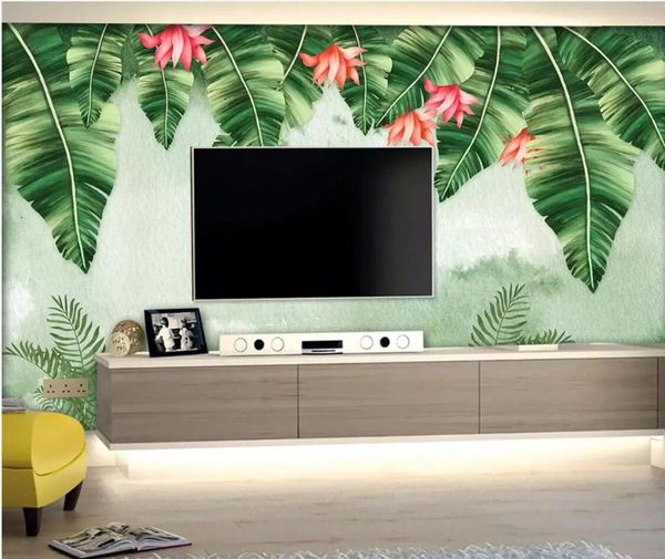 Fonds d'écran Papier peint tropical Feuilles de bananier nordiques murales pour chambre à coucher Art Décor Maquillage Toile de fond Papier de fleur peint à la main