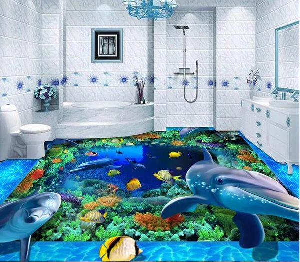 Fonds d'écran en vinyle de sol en vinyle de salle de bain sous-marin mondial 3D Dolphin Tiles plancher trois peinture à trois