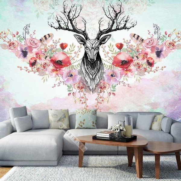 Papiers peints muraux pour salon fleur wapiti Animal papier peint Po Mural Papel De Parede 3d Para Sala Atacado Carta Da Parati