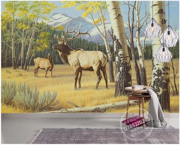 Fonds d'écran papier peint 3 D personnalisé mural sur le style européen peinture à l'huile forêt herbe wapiti po papier peint pour chambre principale