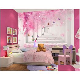 Wallpapers muurpapier 3 d aangepaste po roze kersen vlinder kinderkamer huis decor 3d muurschilderingen behang voor slaapkamer muren drop deliv dhyv4