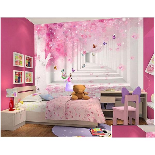 Fonds d'écran Papier peint 3 D personnalisé Po rose cerise papillon chambre d'enfant décor à la maison peintures murales 3D papier peint pour murs de chambre Drop Deliv Dhyv4