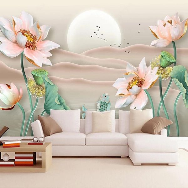 Fondos de pantalla Papeles pintados Decoración para el hogar Po Mural Estilo chino 3D Tridimensional Lotus Paisaje abstracto Fondo Papel tapiz Suministros