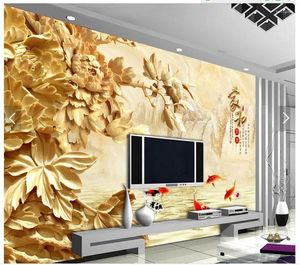 Fonds d'écran papier peint 3d décoration de maison trois - dimension de dimension sculpture pivoine des fleurs de paysage du paysage de salon mur
