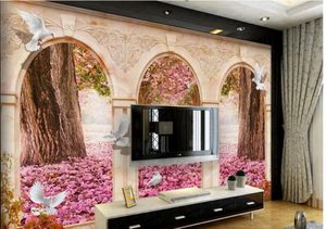 Fonds d'écran Fond d'écran 3D Mural Cherry Blossom Avenue Arches Pigeons Salon TV Toile de fond Chambre Po