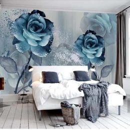 Fondos de pantalla Acuarela Azul Rosa Flor Papier Peint Mural Papeles de pared para dormitorio Po Wallpaper Art Calcomanías Murales 3D