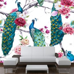Wallpapers Aquarel Pauw zittend op de boom Bloem Pioen behang voor Woonkamer TV Sofa Achtergrond Muurdocumenten Home Decor Muurschildering 3D