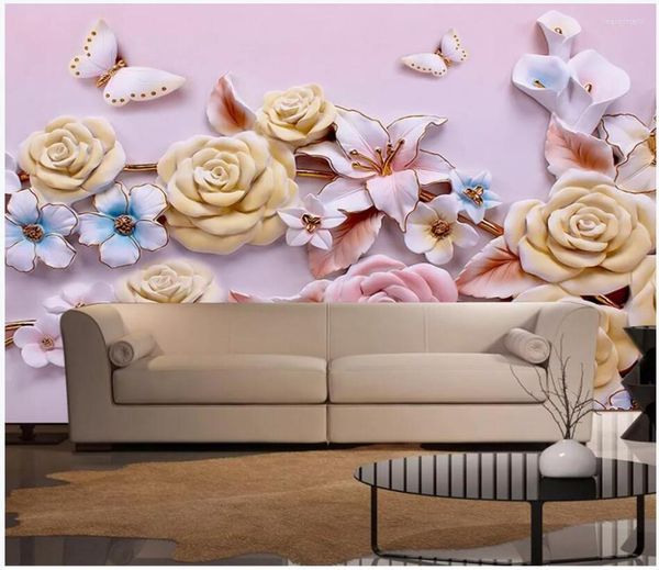 Fondos de pantalla WDBH Custom PO 3D Papel tapiz Floral Relieve Mariposa TV Fondo Pintura Decoración para el hogar Sala de estar para paredes 3 D