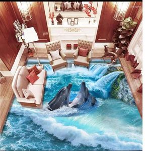 Les fonds d'écran portent un étanche PVC PLAND Waterfall Dolphins Living Room Kitchen 3D Home Decoration