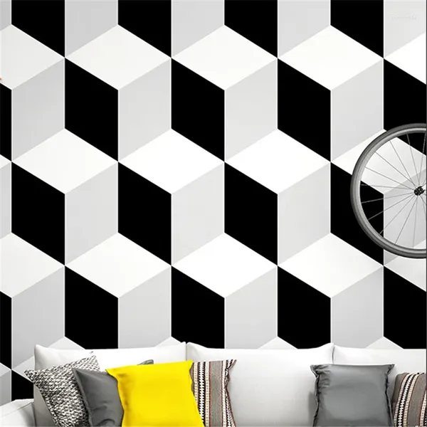 Fonds d'écran Wellyu 3D stéréo fond d'écran noir et blanc treillis carré moderne minimaliste style nordique géométrique gris ins