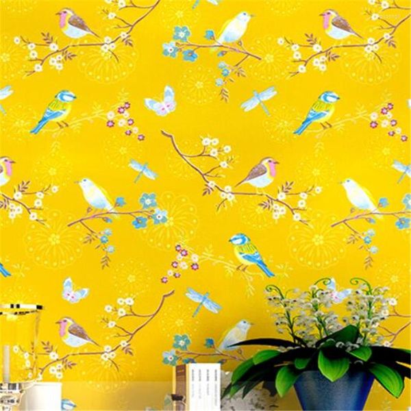 Fonds d'écran Wellyu Papier Peint Américain Fleurs De Jardin Et Petit Floral Frais Bleu Jaune Simple Moderne Salon Mur Chambre