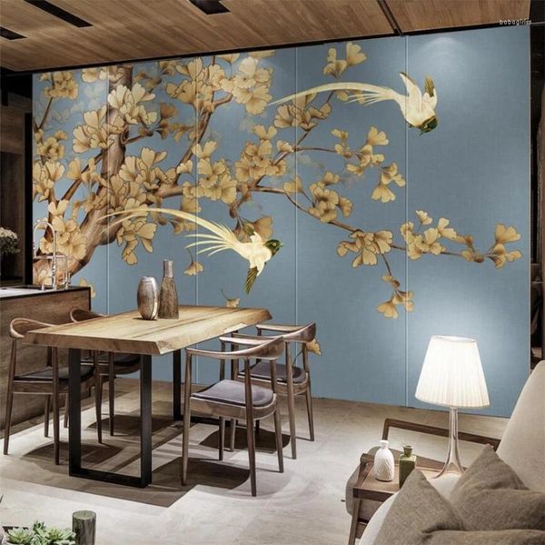 Fonds d'écran Wellyu Style chinois peint à la main rétro Ginkgo TV fond peinture murale personnalisée grande murale papier peint en tissu de soie verte