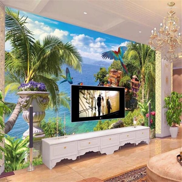 Fonds d'écran Wellyu personnalisé 3D papier peint azur côte cocotier fleurs oiseaux volants murale TV fond mur salon chambre papier