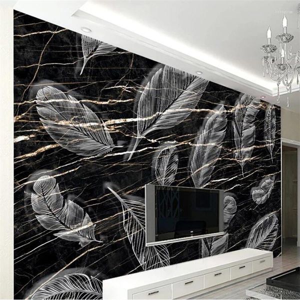 Fonds d'écran Wellyu personnalisé grandes peintures murales simples rayures noires or marbre plume TV fond mur papier peint Papel De Parede