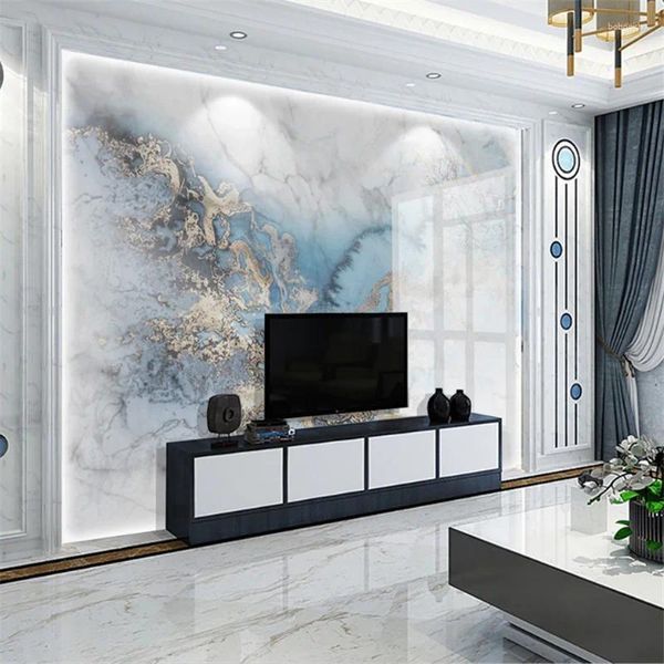 Fonds d'écran Wellyu personnalisé à grande échelle murale lumière luxe microcristallin carrelage bleu doré marbre motif TV fond papier peint