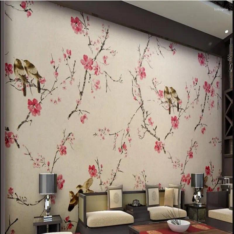 Tapeten Wellyu Benutzerdefinierte großformatige Wandbilder Hochauflösende handgemalte Blumen und Vögel TV-Sofa-Hintergrundwandtapete