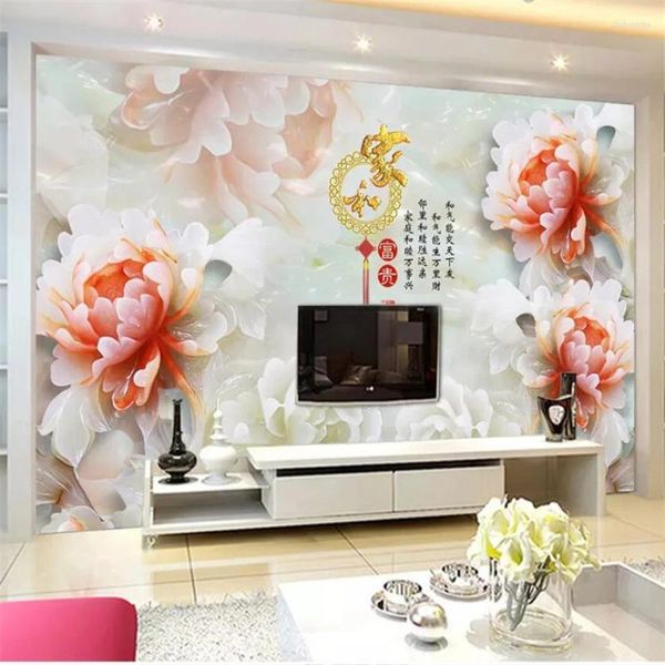 Fonds d'écran Wellyu personnalisé papier peint 3D fleurs riches jade sculpté salon El TV fond mural papel de parede