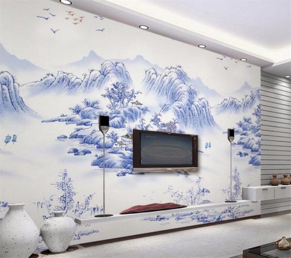 Fonds d'écran Wellyu personnalisé papier peint 3D paysage géant bleu et blanc porcelaine TV fond carrelage mural peintures murales Papel De Parede