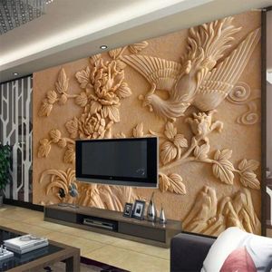 Wallpapers WELLYU Custom Wallpaper 3d grote fresco Chinese stereo reliëf Phoenix Peony Murals TV Achtergrond Wall Paper Papel de Parede