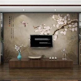 Fonds d'écran Wellyu personnalisé papier peint 3D peintures murales chinois stylo peint à la main fleur de prunier oiseau TV chambre mur salon