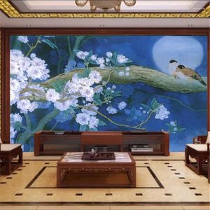 Fonds d'écran Wellyu Fond d'écran personnalisé 3D peintures murales chinoises Fleurs et oiseaux en bleu à la main