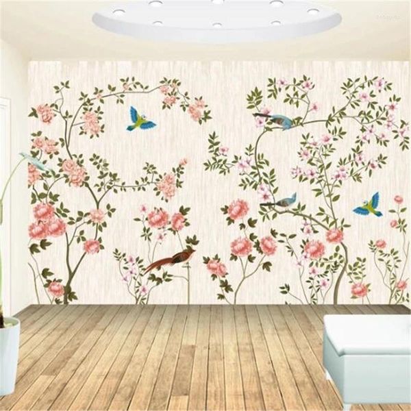 Fondos de pantalla Wellyu Papel tapiz personalizado Murales 3D Flor grande y pájaro Pintado a mano TV Fondo Pared Pintura decorativa Mural