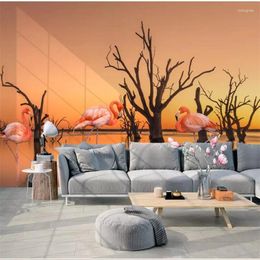 Fonds d'écran Wellyu personnalisé papier peint 3D Po peintures murales nordique petit coucher de soleil frais lac arbre mort Flamingo jardin fond Papel De Parede