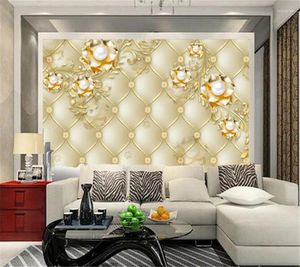 Fonds d'écran Wellyu Papier peint personnalisé Papel De Parede Gold Soft Sac Simulation Cuir Perle Fleur Salon Mur Tapiz 3D