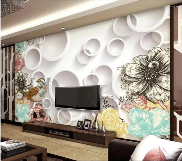 Fondos de pantalla Wellyu Papel tapiz personalizado Papel de parede Línea retro europea Dibujo Flor Pájaro Sala de estar TV Fondo Mural 3D