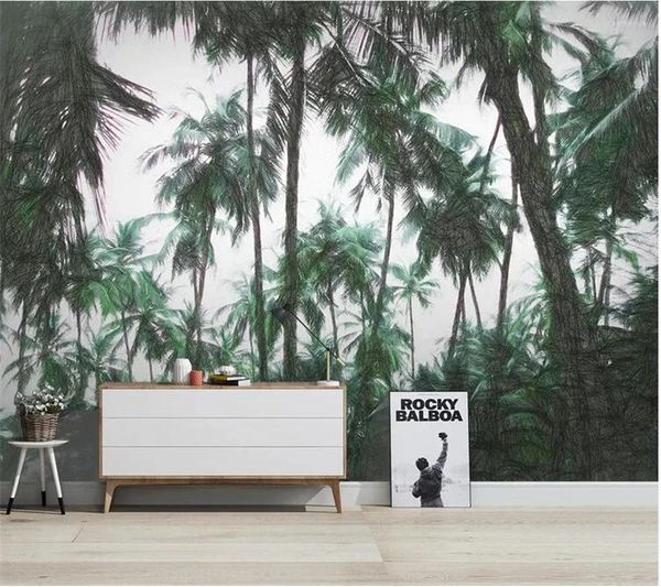 Fonds d'écran Wellyu personnalisé papier peint Papel De Parede dessiné à la main nordique plante tropicale noix de coco arbre TV fond peinture murale Behang