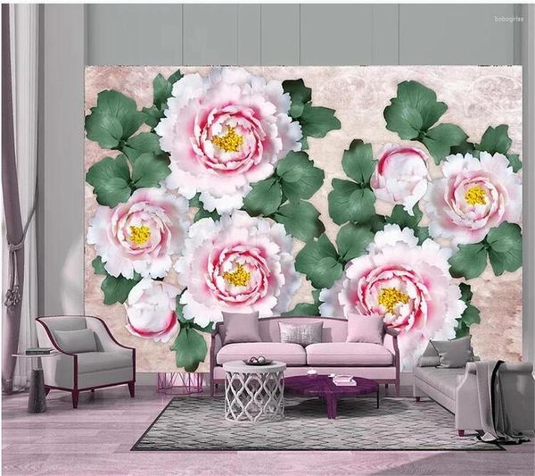 Fondos de pantalla Wellyu Papel tapiz personalizado Papeles de pared Decoración para el hogar Polvo antiguo Flor de peonía 3D Estéreo Fondo de cerámica Dormitorio