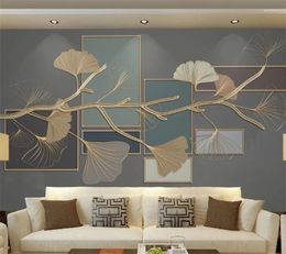 Wallpapers Wellyu Aangepaste Grote Muurschilderingen Chinese Stijl Ginkgo Blad Geometrische Gouden Reliëf Lijnen Woonkamer Achtergrond Behang