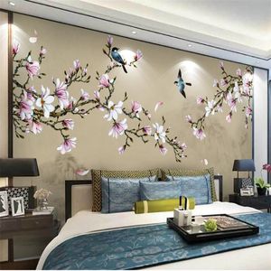 Wallpapers lellyu aangepast grootschalige muurschilderingen Chinese stijl handgeschilderde magnolia bloemen en vogels groene achtergrond behang 220927