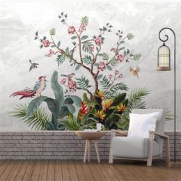 Fondos de pantalla Wellyu Fondo de pantalla personalizado 3D Medieval Pintado a mano Flores y pájaros Selva tropical Mármol TV Fondo de pared