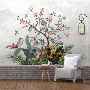 Fonds d'écran Wellyu personnalisé papier peint 3D médiéval peint à la main fleurs et oiseaux forêt tropicale marbre TV fond mur