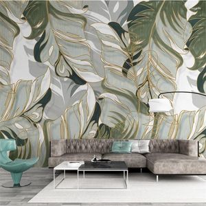 Wallpapers Wellyu Nordic handgeschilderde tropische planten bladeren lijnen licht luxe tv achtergrond muurschildering aangepaste grote muurschildering behang