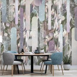 Fonds d'écran Wellyu Nordic Plantes tropicales Fleurs Lignes géométriques Fond Peinture murale personnalisée Grandes peintures murales Papier peint environnemental