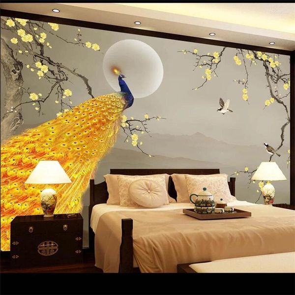 Fondos de pantalla Wellyu Papel de parede Para Quarto Papel tapiz personalizado Flor de ciruelo chino Pavo real Telón de fondo Pintura decorativa Tapety