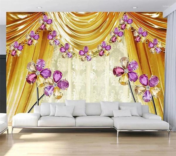 Fonds d'écran Wellyu Papel De Parede Para Quarto Papier peint personnalisé Noble Rideaux européens Bijoux Cristal Fleur TV Fond Mur 3D